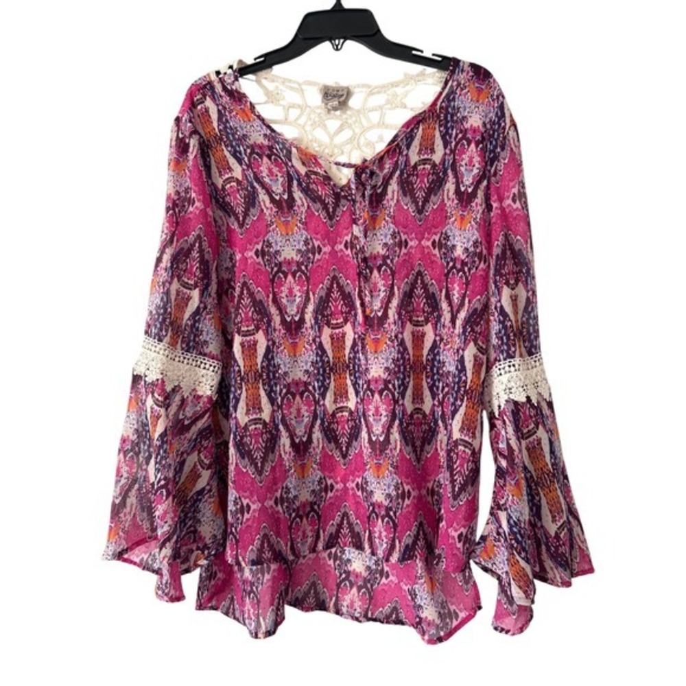Como Vintage Pink Purple Ikat Paisley‎ Crochet Lace Bell Sleeve Blouse L Boho